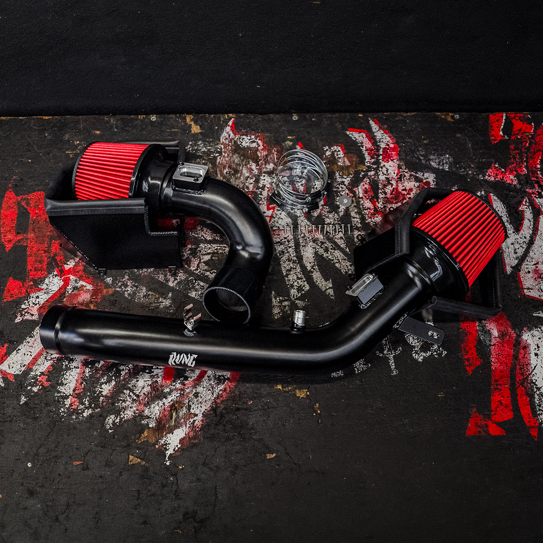 RVNG S55 dual intake kit with red cone filters, heat shields and black intake pipes