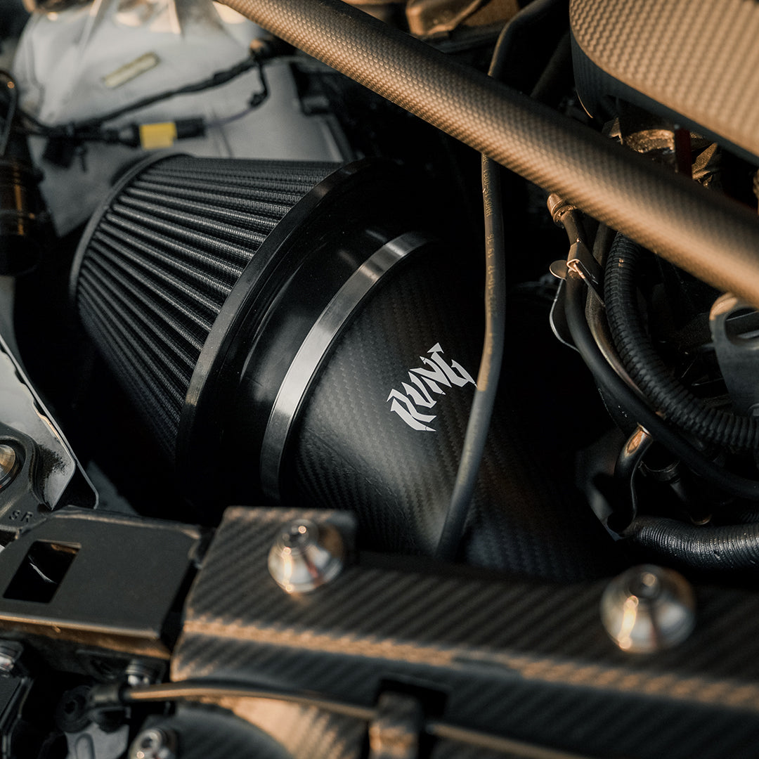 RVNG MonoFlow intake with black filter installed in a BMW S58 engine bay