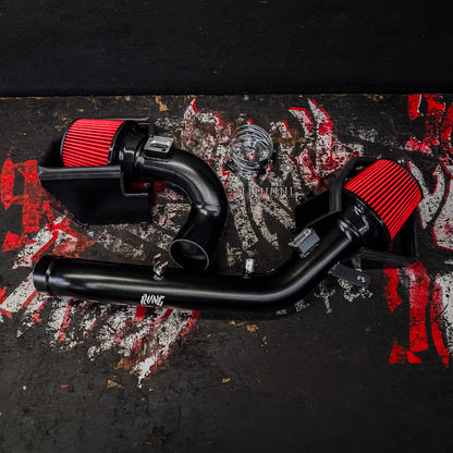 RVNG S55 dual intake kit with red cone filters, heat shields and black intake pipes