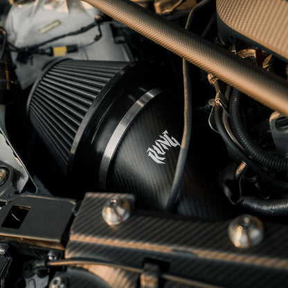 RVNG MonoFlow intake with black filter installed in a BMW S58 engine bay